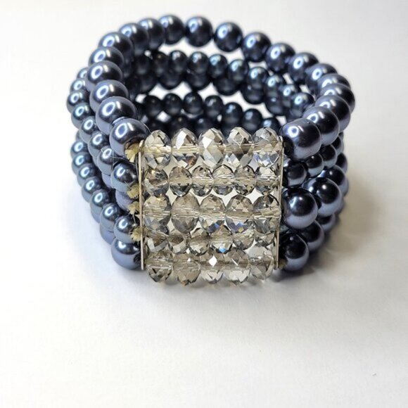 Grey Faux Pearl Stretch Bracelet 5 Strand Wide Faux Pearl Elastic Bracelet - Picture 1 of 8